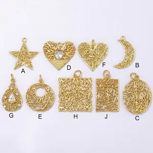 Golden hollow woven copper pendants in star, moon, and heart shapes for DIY jewelry making