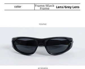 Close-up of Y2K cat-eye sports sunglasses featuring black frames and gray lenses