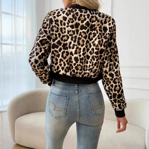 Back view of leopard print jacket with black ribbed cuffs and slim fit silhouette