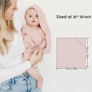 Detailed size chart showing 30 x 30 inch dimensions for pink cotton baby hooded towel