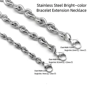 Polished stainless steel infinity link chains in three sizes with lobster clasps