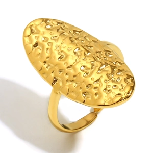Hammered gold oval stainless steel open ring with a polished metallic texture finish