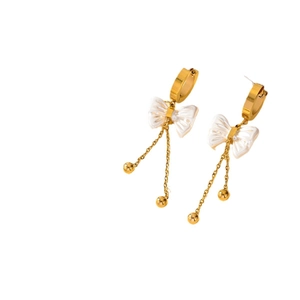 Elegant gold-plated butterfly tassel drop earrings with white accents and bead chains