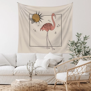Detailed texture of bohemian flamingo tapestry hanging above a modern sofa