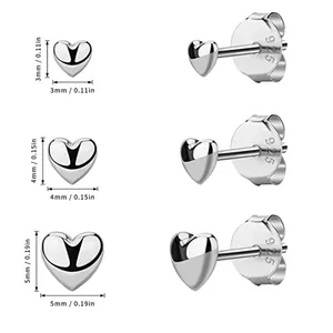 Size chart for s925 silver heart stud earrings set showing 3mm, 4mm, and 5mm dimensions