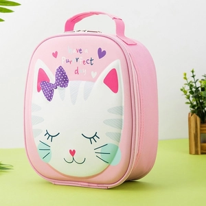 Close-up of pink cat lunch bag showing 3D face design, zipper, and durable handle