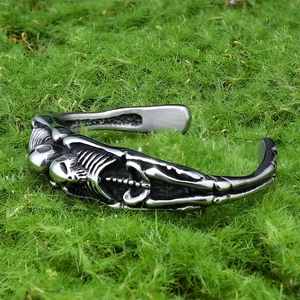 Gothic vintage stainless steel open bracelet with realistic skeleton bone ribcage design