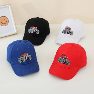 Kids baseball caps set featuring monster truck embroidery in black white blue and red