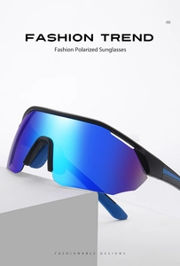 Side view of polarized sports sunglasses with blue lenses on geometric blocks