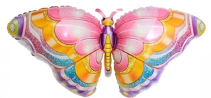 Macro shot of colorful laser butterfly foil balloon with gradient wings and glossy texture