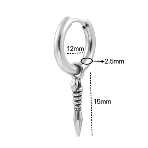 Detailed size chart for stainless steel cross sword earring showing 12mm and 15mm dimensions