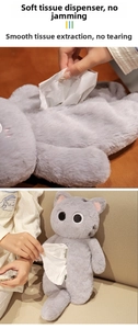Detail of grey plush cat tissue box cover with smooth paper extraction functionality