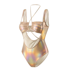 Detail of metallic laser finish fabric on cut-out one-piece bikini with drawstring