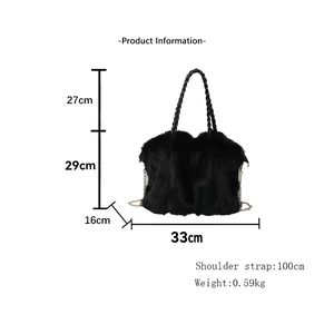 Size specifications for black faux fur tote bag with dimensions and strap length details