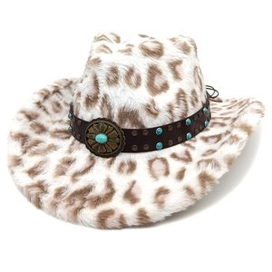 Leopard-Cowboyhut aus Kunstpelz mit Türkisperlen und dekorativer Vintage-Metallschnalle