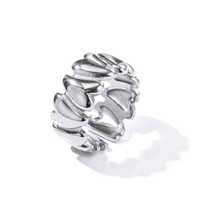 Macro shot of silver irregular linked heart rings with adjustable open band design