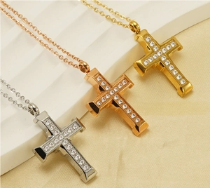 Detailed comparison of 18K gold-plated stainless steel cross necklaces in three finishes