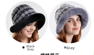 Detailed view of plush checkered bucket hats with faux fur lining in grey and black