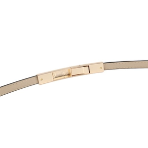 Minimalist beige patent leather skinny belt with elegant gold rectangular metal buckle