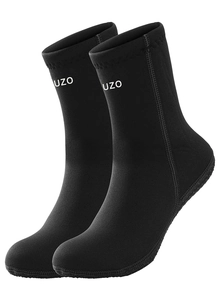 Detail view of black 3mm neoprene diving socks with anti-slip soles and OUZO logo.