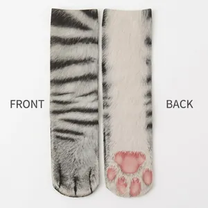Detail of 3D animal paw print socks showing cat tiger fur texture and pink paw pads