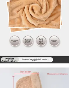 Detail of soft plush winter hood scarf with thermal fleece lining and size dimensions