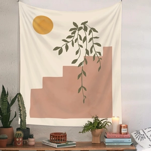 Tenture bohème avec soleil orange et feuilles vertes dans un décor de salon