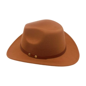 Detail of tan felt cowboy hat featuring dark brown leather band and gold rivet accents