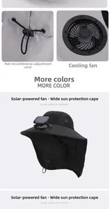 Détail du ventilateur solaire et du cordon de serrage sur chapeau gris avec protège-nuque