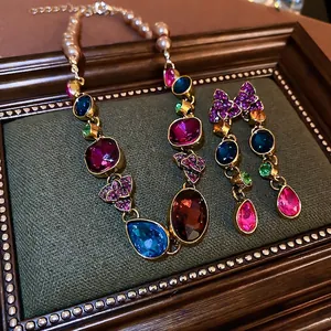 Vintage Flower Colorful Rhinestone Jewelry Necklace And Earrings With Faux Artificial Pearl 925 Sterling Silver Earring Post