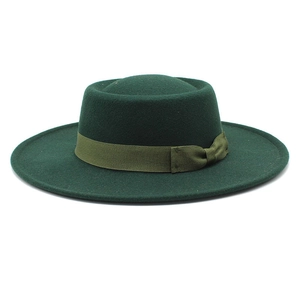 Detailed view of dark green wool felt boater hat featuring a ribbed ribbon and bow accent