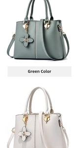 Detailed comparison of green and cream leather handbags with decorative beadwork and charms