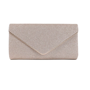 Sparkling envelope evening clutch with champagne gold sequins and V-shaped metal trim