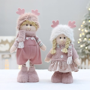 Pink Christmas Plush Doll Ornament Reindeer Antler Knitted Soft Figurine Holiday Home Tabletop Decoration Xmas Gift