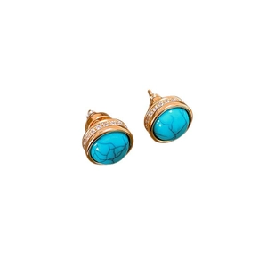 Gold plated turquoise stud earrings with zircon halo on a clean white background