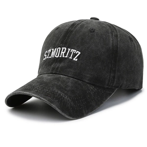 Vintage washed cotton baseball cap in black with white St Moritz embroidery for unisex style
