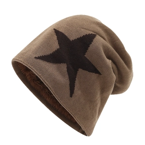 Winter brown knit beanie with black star pattern and thick warm fleece lining
