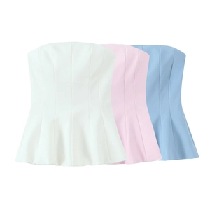 Women Strapless Peplum Tube Top Slim Fit Flare Hem Solid Color Polyester Summer Party Fashion Elegant Style