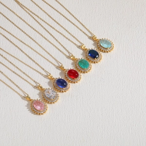 14K gold plated necklaces featuring oval resin pendants with sparkling zircon borders
