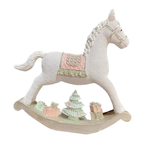 Elegant white resin rocking horse with pink saddle and Christmas tree festive ornament