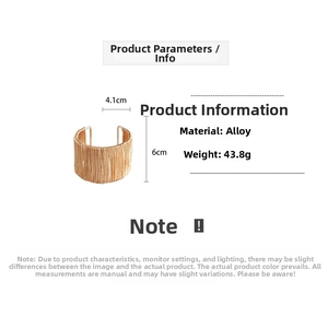 Detailed view of woven gold alloy cuff bracelet featuring dimensions of 4.1cm by 6cm