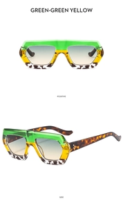Detail view showing retro green-yellow gradient frames with tortoiseshell temple patterns