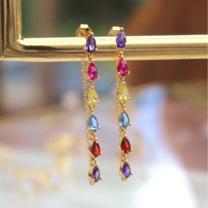 Elegant s925 silver long tassel earrings with colorful zircons in a gold-plated setting