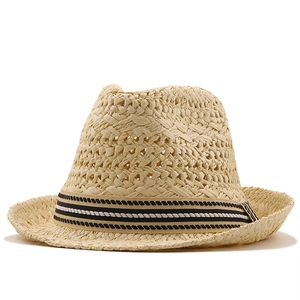 Handwoven straw fedora hat for summer with hollow breathable design and striped band