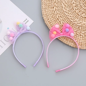 Kids lace bow headbands set with colorful plush balls and non-slip inner teeth