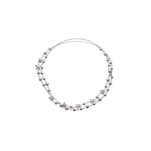 Double-layered silver star and pearl necklace with sparkling diamond accents for women