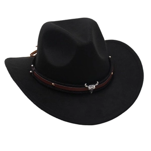 Detail of black felt cowboy hat with leather band and silver bull skull metal ornament