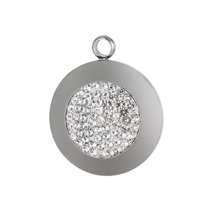Macro shot of silver stainless steel circular pendant with sparkling crystal inlay detailing