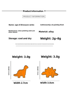 Tabella taglie per spille a dinosauro con dimensioni di 2,6x2,7 cm e 1,9x3,0 cm dettagliate
