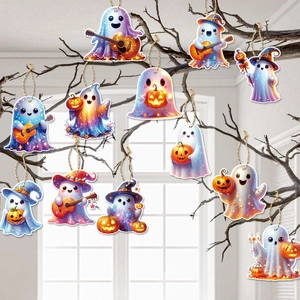 Cute Halloween ghost hanging ornaments with pumpkin and witch hat on branches